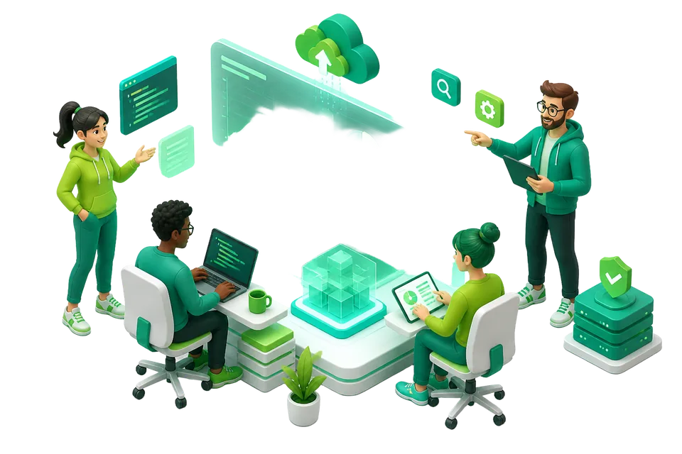Illustration of a senior engineering team collaborating on a project