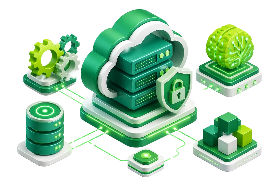 Isometric illustration of cloud, AI and security services